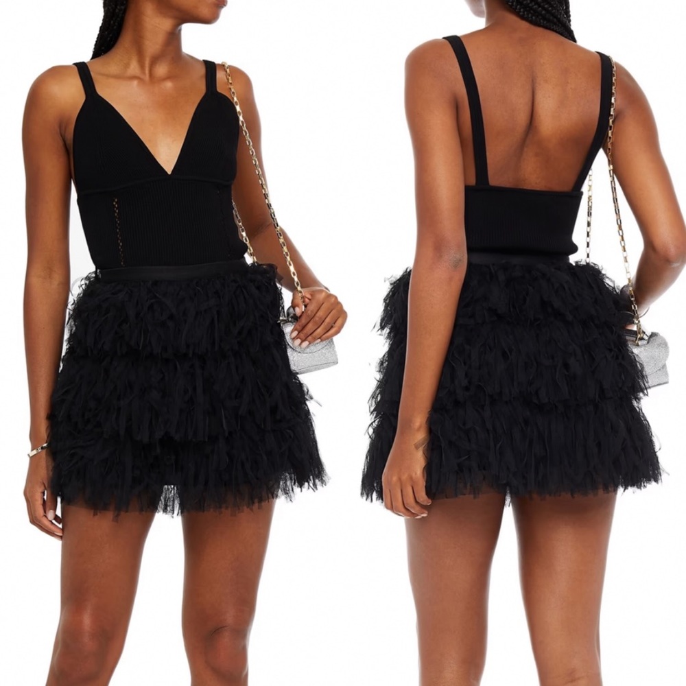 RED VALENTINO Tiered Fringed Tulle Mini Skirt